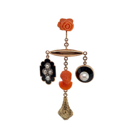 Victorian 14K Gold Charm Earrings | Coral, Pearl & Enamel single earring closeup