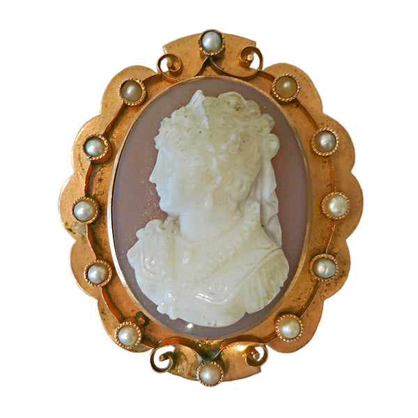 Front view of Victorian 14K Rose Gold Carnelian Cameo Pendant & Pin with Seed Pearls