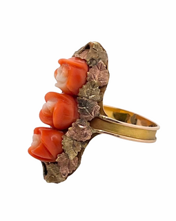 Victorian 14K Rose & Yellow Gold Ring with Carved Coral Roses side view