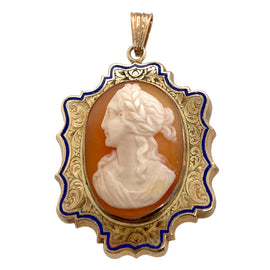Victorian Carved Cameo Pendant 14K Gold and Enamel Frame front view