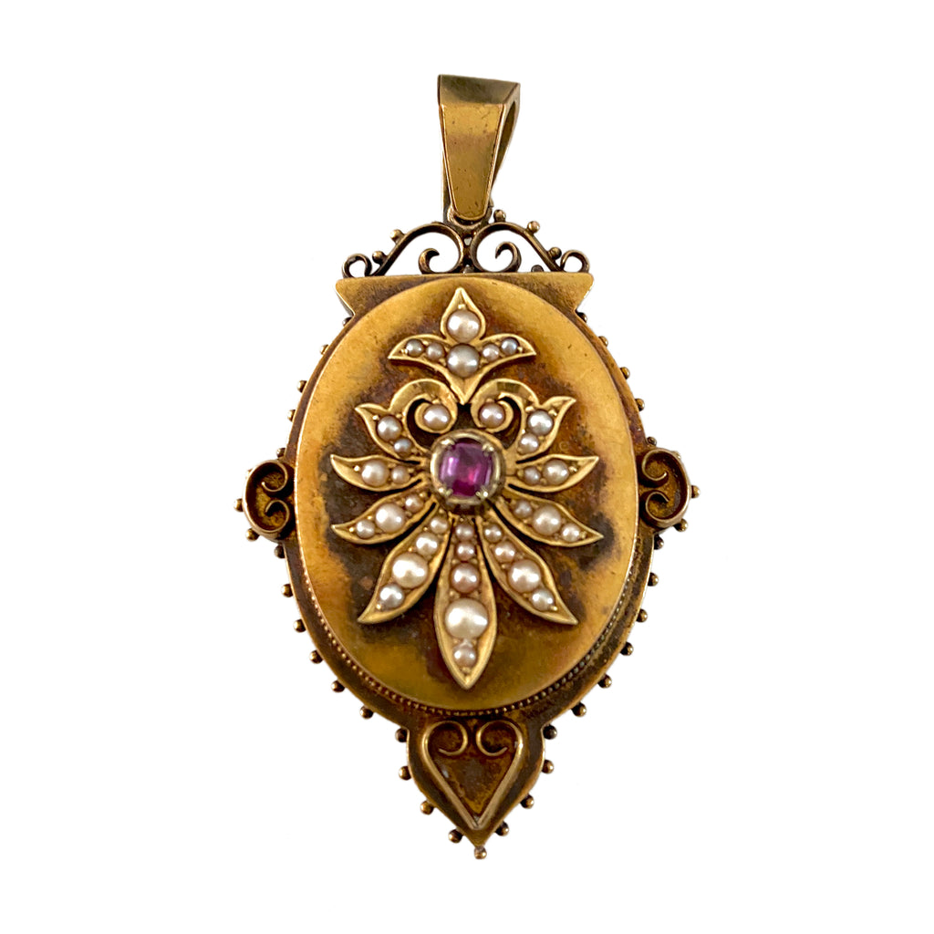 Front view of Victorian Etruscan Revival 14K Gold Seed Pearl Garnet Locket Pendant