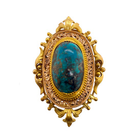 Victorian Etruscan Revival 14K gold and turquoise cabochon pin pendant, circa 1880, full front view