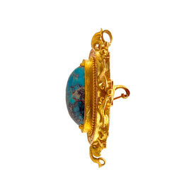 Victorian Etruscan Revival 14K gold turquoise pin pendant displayed on neutral background, antique jewelry