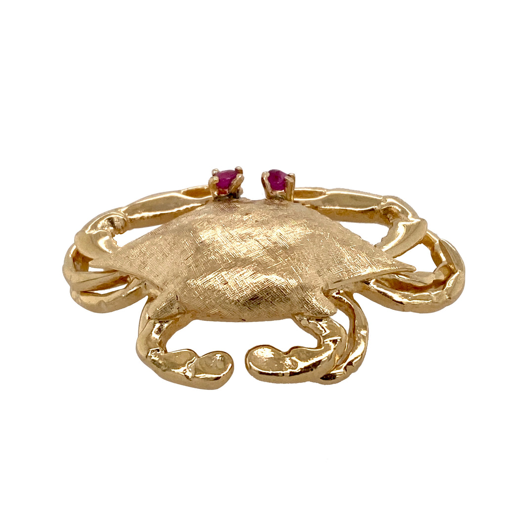 Vintage 14K Gold Crab Pin with Ruby Eyes face view