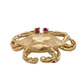Vintage 14K Gold Crab Pin with Ruby Eyes face view