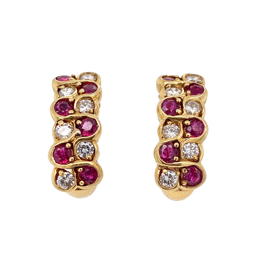 Vintage Mayors 18K Gold Ruby & Diamond Huggy Clip Earrings