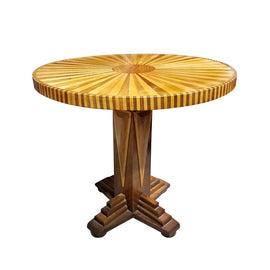 Vintage Walnut & Maple Center Table with Radial Inlay full view