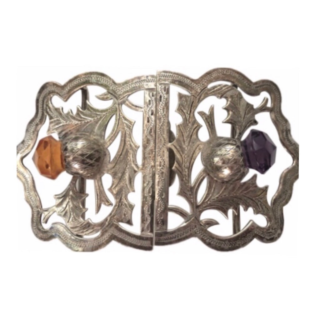 English Sterling Thistle Belt Buckle with Citrine & Amethyst
