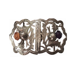 English Sterling Thistle Belt Buckle with Citrine & Amethyst