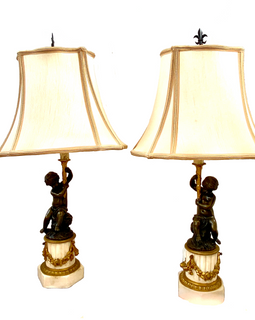 19th C French Marble and Bronze Cherub Lamps