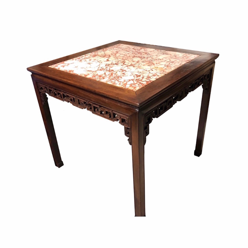 Chinese Carved Hongmu And Marble Square Table 19th Century