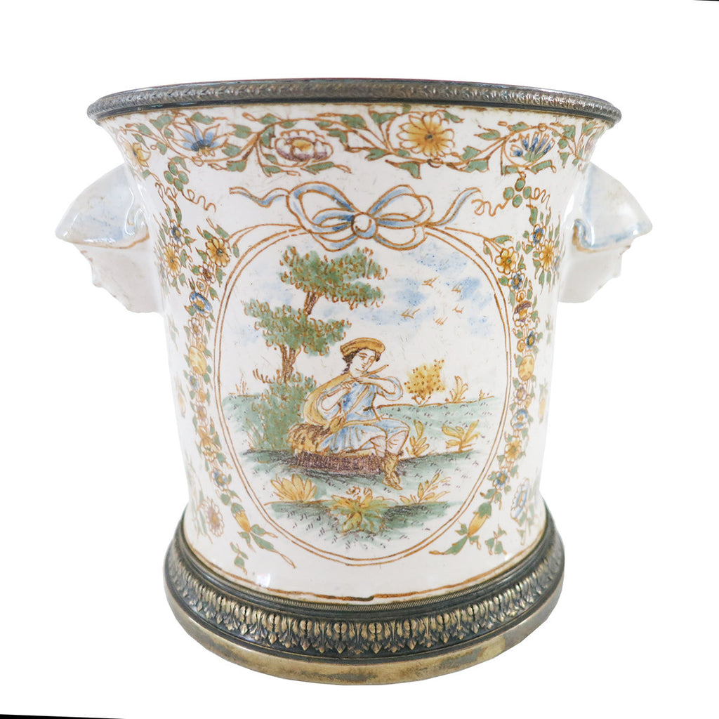French 19th C. Silver Mounted Faience Cache Pot Vase