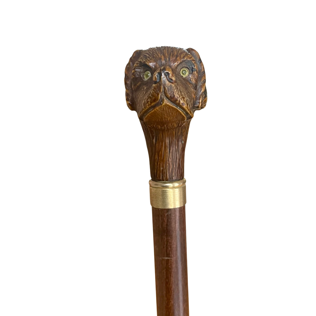 19th C. Carved Dog Head Cane Handle With Glass Eyes