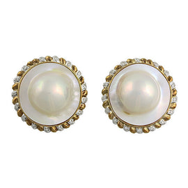 Large 14K Blister Pearl and Diamond Clip Back Earrings