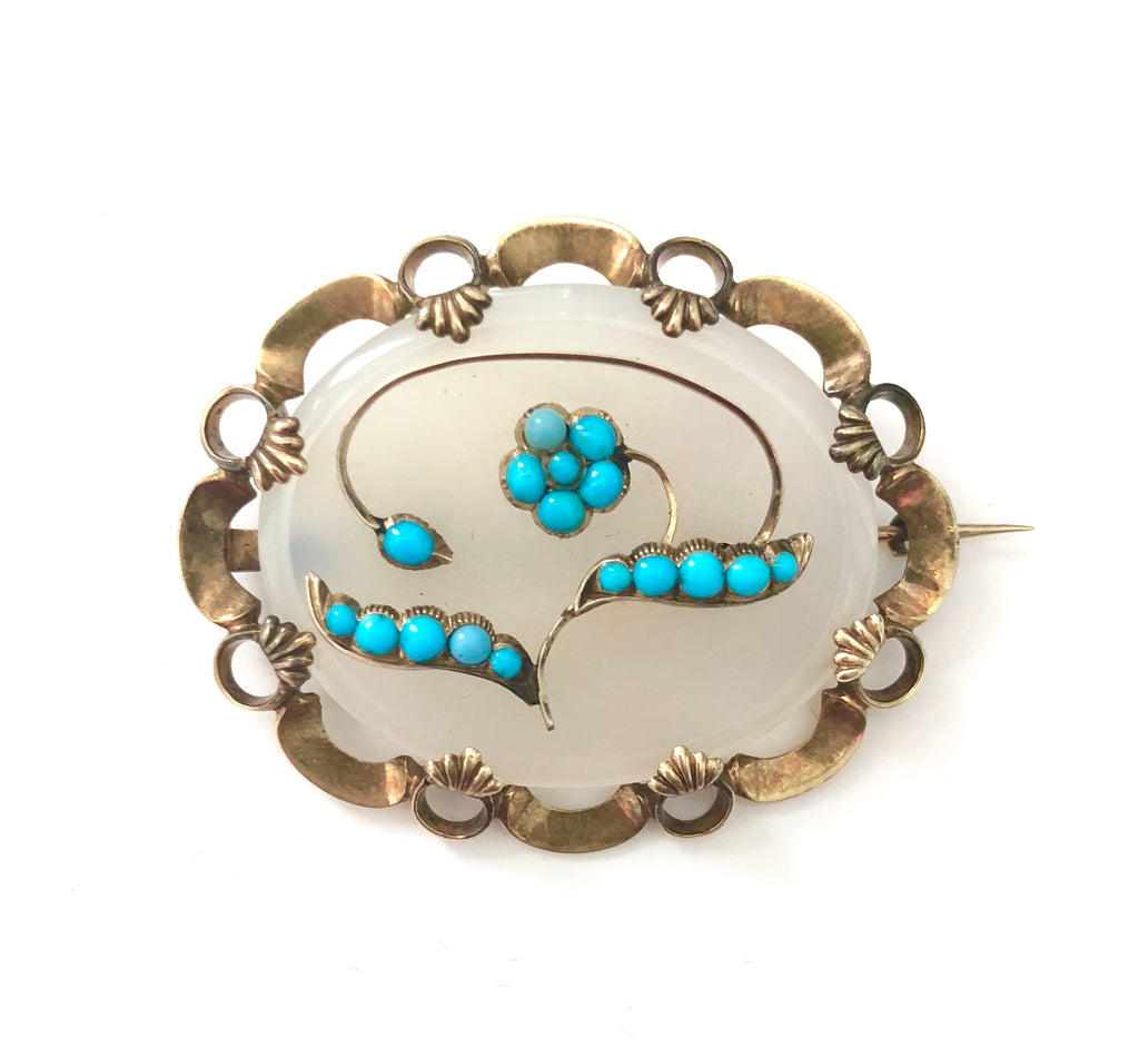Victorian 14K Gold Persian Turquoise Agate Brooch